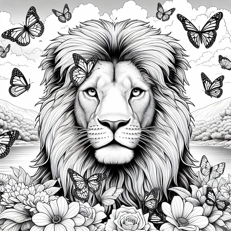 May include: A black and white illustration of a lion's head with a majestic mane. The lion is surrounded by a variety of flowers and butterflies.