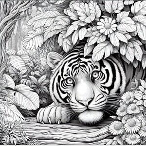 Puede incluir: Una ilustraci&oacute;n en blanco y negro de un tigre asom&aacute;ndose desde detr&aacute;s de un arbusto de hojas. El tigre tiene un patr&oacute;n rayado y mira directamente al espectador.