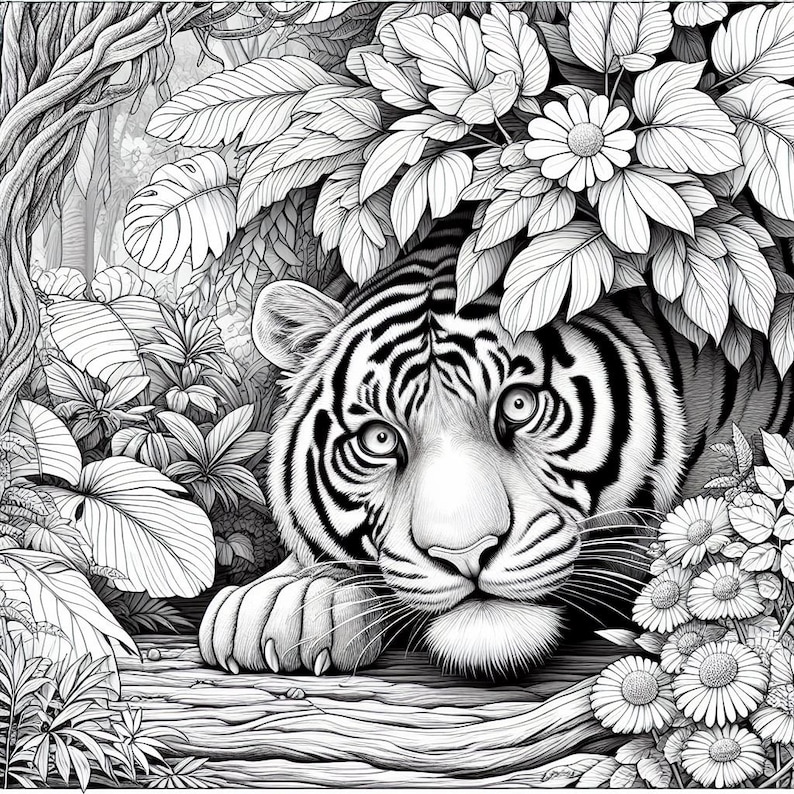 Puede incluir: Una ilustraci&oacute;n en blanco y negro de un tigre asom&aacute;ndose desde detr&aacute;s de un arbusto de hojas. El tigre tiene un patr&oacute;n rayado y mira directamente al espectador.
