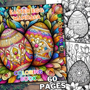 Könnte beinhalten: Ein Malbuch mit einem Oster-Eier-Mandala-Design. Der Umschlag zeigt zwei bunte Eier mit komplizierten Mustern, umgeben von floralen Elementen. Der Titel "Easter Egg Mandala Coloring Book" ist in Fettdruck dargestellt, zusammen mit dem Text "60 Seiten".