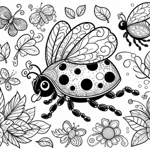 May include: A black and white line drawing of a ladybird with intricate details on its wings and body. The ladybird is surrounded by flowers and leaves.