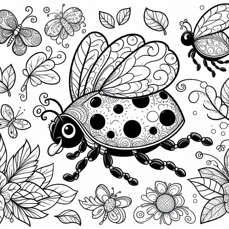 May include: A black and white line drawing of a ladybird with intricate details on its wings and body. The ladybird is surrounded by flowers and leaves.