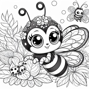 May include: A black and white cartoon bee with large eyes and a flower crown. The bee has wings and is surrounded by flowers and leaves.