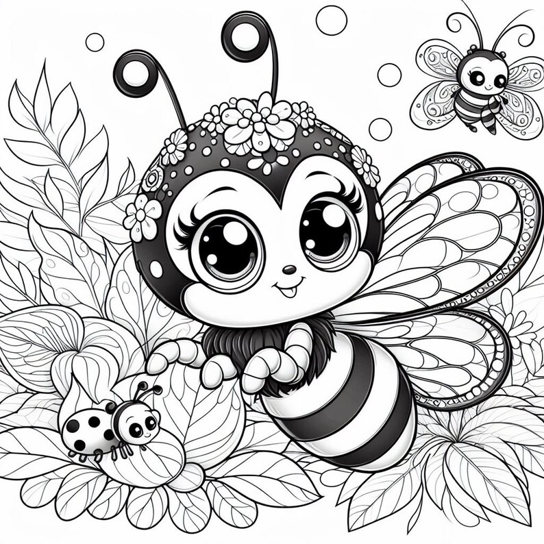 May include: A black and white cartoon bee with large eyes and a flower crown. The bee has wings and is surrounded by flowers and leaves.