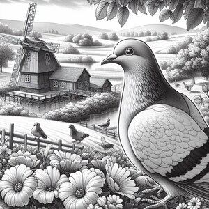 May include: A black and white illustration of a windmill with a dove perched on a fence post in front of a farmhouse. The dove is looking to the right. There are flowers in the foreground.