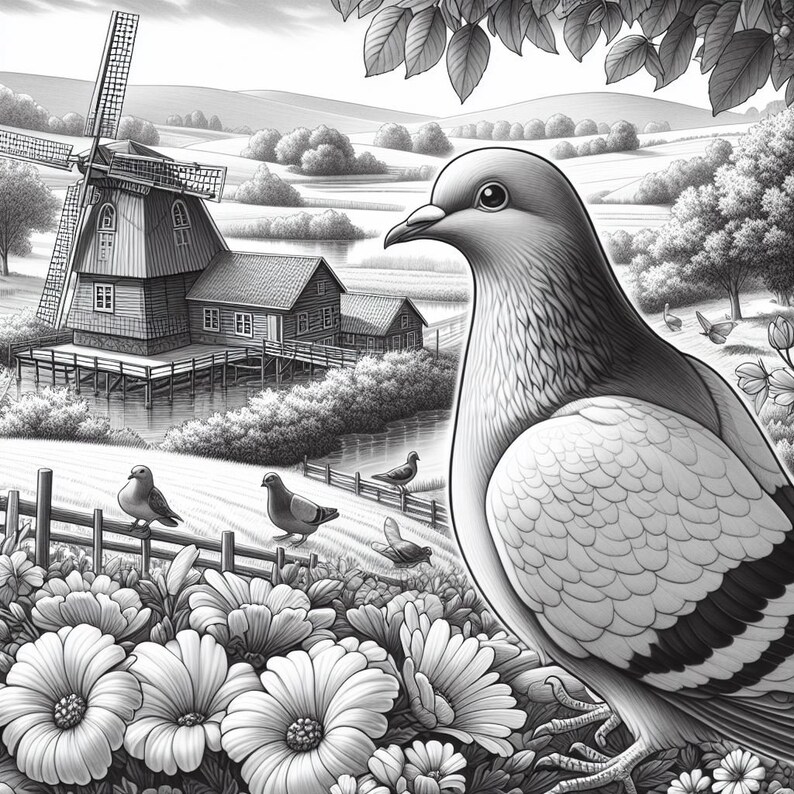 May include: A black and white illustration of a windmill with a dove perched on a fence post in front of a farmhouse. The dove is looking to the right. There are flowers in the foreground.
