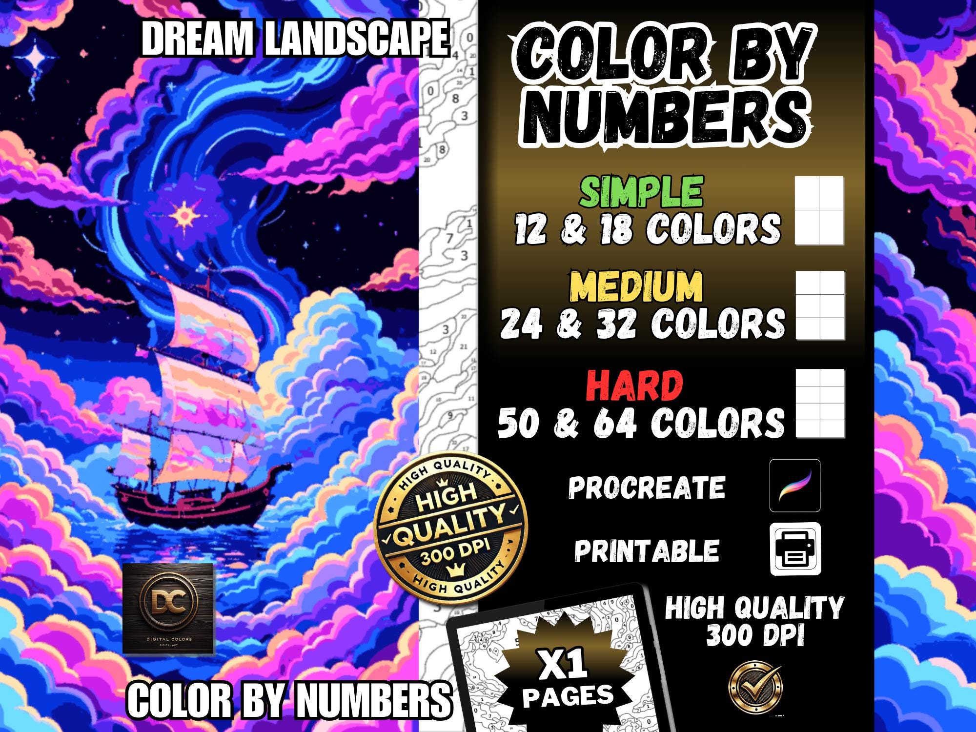 Paisaje de Ensueño por Números – Páginas de Colorear Digital para iPad y Procreate, Pintar por Números Imprimible para Adultos
