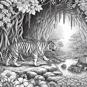 Puede incluir: Una ilustraci&oacute;n en blanco y negro de un tigre caminando por una exuberante escena de jungla. El tigre est&aacute; en primer plano, y el fondo presenta una cueva, &aacute;rboles y un r&iacute;o.