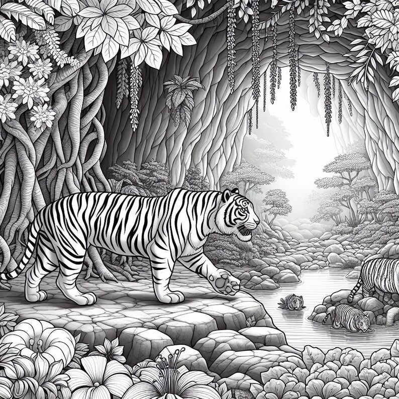 Puede incluir: Una ilustraci&oacute;n en blanco y negro de un tigre caminando por una exuberante escena de jungla. El tigre est&aacute; en primer plano, y el fondo presenta una cueva, &aacute;rboles y un r&iacute;o.