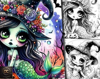 6 páginas para colorir assustadoras Livro de colorir assustador Cutie assustador Halloween Horror gótico Sereia Bruxa Abóbora Outono Outono Fantasia Zumbi em tons de cinza