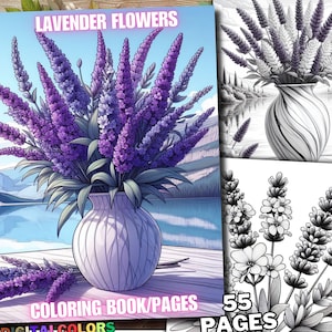 以下が含まれることがあります： 「LAVENDER FLOWERS」と「COLORING BOOK/PAGES」の文字が入った塗り絵の表紙。紫色のラベンダーの花でいっぱいの花瓶が描かれています。背景には湖と山が描かれています。この本は55ページです。
