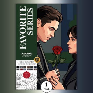 Può includere: Una pagina di attività da colorare con i numeri intitolata FAVORITE SERIES COLORING MYSTERY con un'illustrazione a fumetti di una persona che porge una rosa rossa a un'altra. La pagina include una legenda dei colori con numeri e lettere.