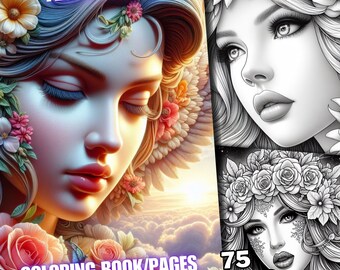 75 Angel Coloring Pages, Angel Coloring Book, Designs of Heavenly Angels in Grayscale for Adults and Kids Download Printable
