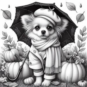 May include: A black and white illustration of a small dog wearing a beret and a scarf, holding an umbrella. The dog is surrounded by pumpkins and leaves.