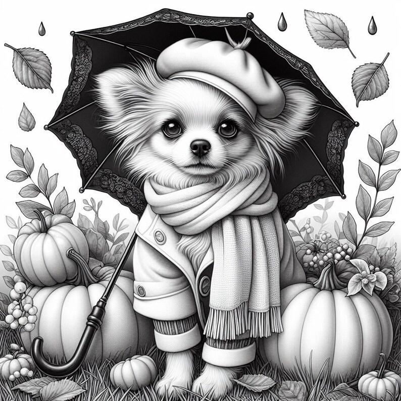 May include: A black and white illustration of a small dog wearing a beret and a scarf, holding an umbrella. The dog is surrounded by pumpkins and leaves.