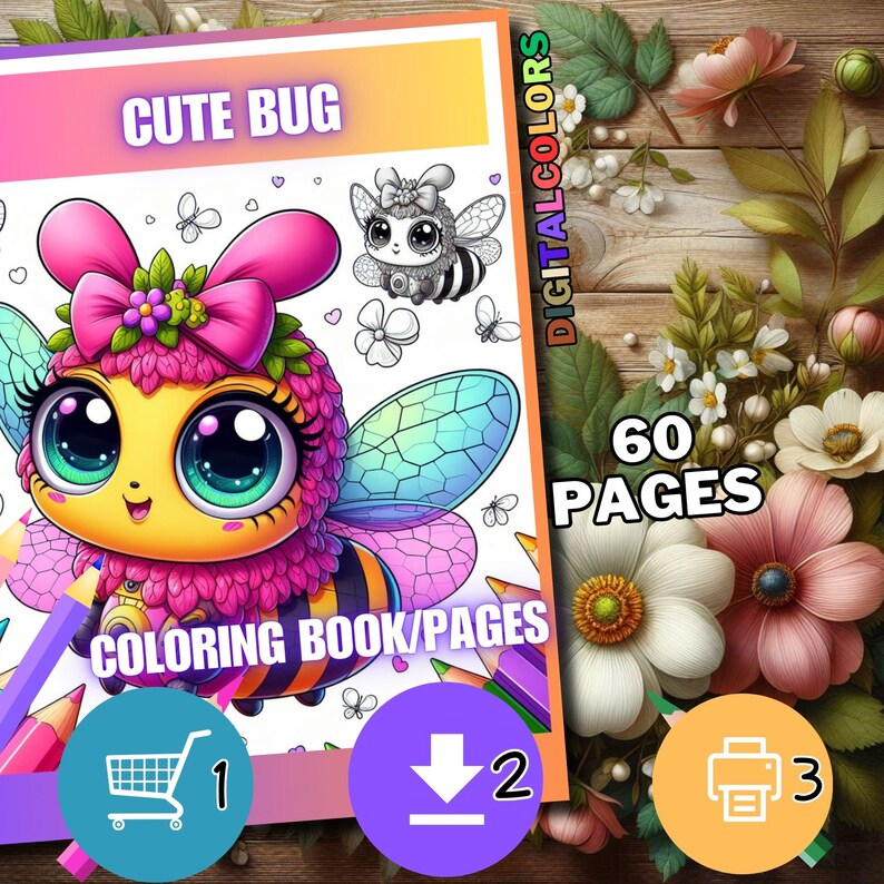 May include: A colouring book featuring a cute cartoon bee with large eyes, pink and yellow wings, and a pink bow. The book cover says "Cute Bug" and "60 Pages".