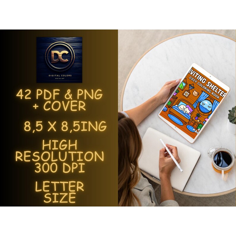 May include: A digital coloring book displayed on a tablet, featuring a cozy illustration. The tablet is held near a notebook and a cup of coffee. Text on the left side reads "42 PDF & PNG + COVER 8,5 X 8,5ING HIGH RESOLUTION 300 DPI LETTER SIZE."