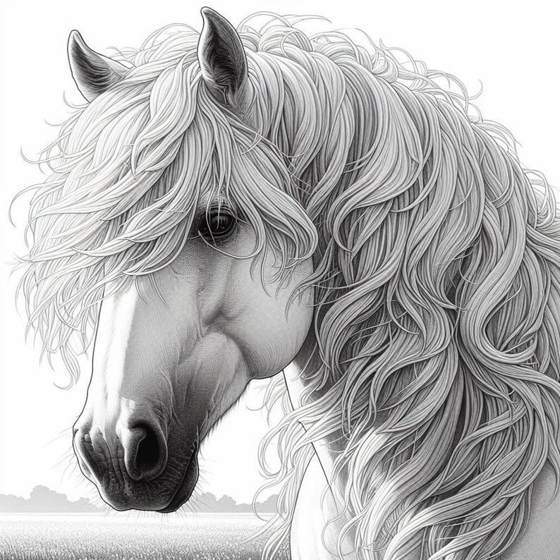 May include: A black and white drawing of a white horse with long flowing mane and forelock. The horse's head is turned to the side, and its eyes are closed. The horse is in a field of grass.