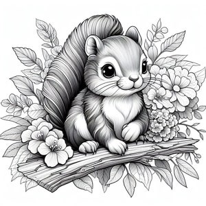 May include: A black and white line drawing of a cute squirrel sitting on a branch with flowers and leaves around it.