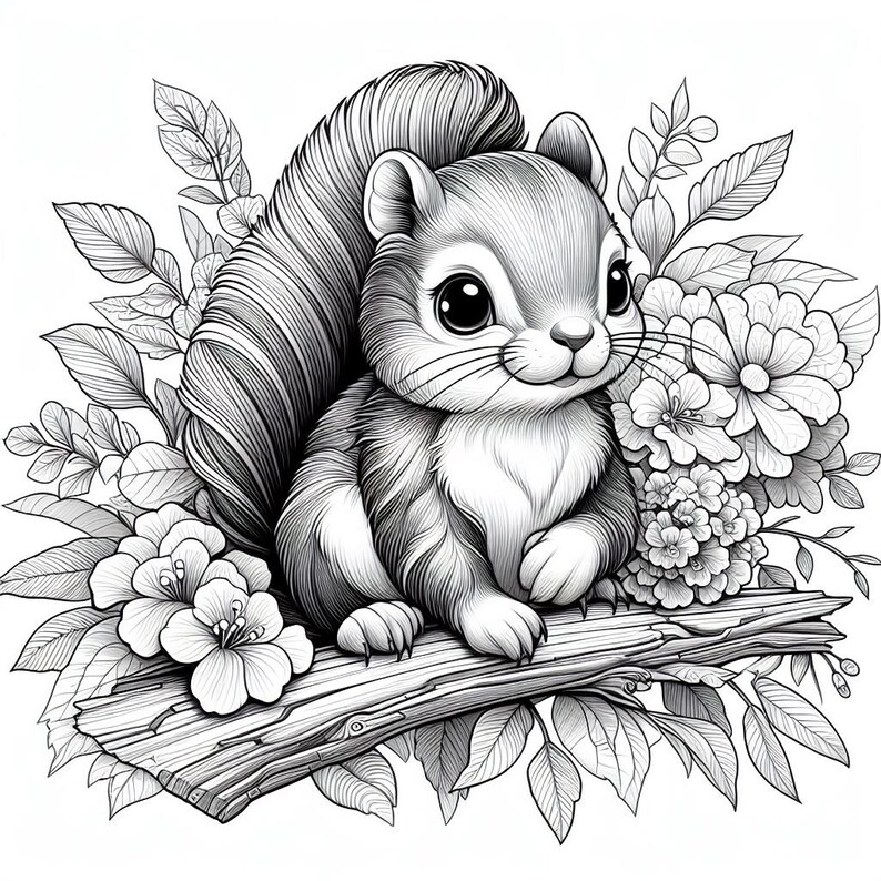 May include: A black and white line drawing of a cute squirrel sitting on a branch with flowers and leaves around it.