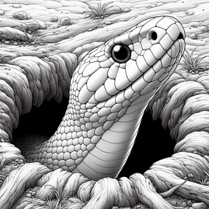 May include: Black and white illustration of a snake emerging from a hole. The snake's head is detailed with scales and a dark eye, set against a textured, grayscale background of earth and vegetation.