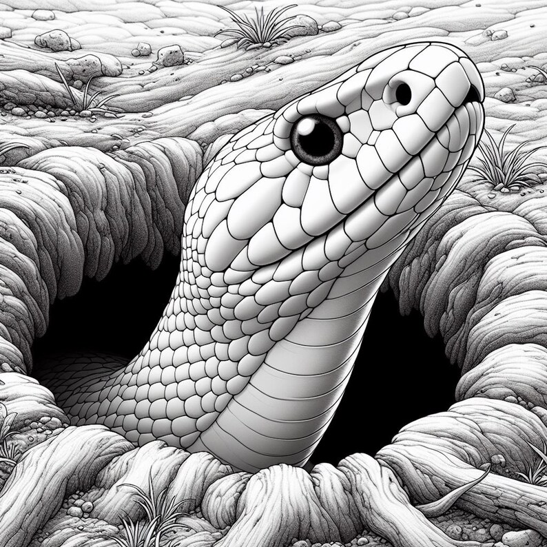 May include: Black and white illustration of a snake emerging from a hole. The snake's head is detailed with scales and a dark eye, set against a textured, grayscale background of earth and vegetation.