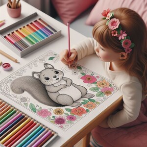 May include: A young girl colors a coloring page with a squirrel surrounded by flowers. She is using a pink colored pencil to color the squirrel's fur. The coloring page is on a wooden table with a box of colored pencils.