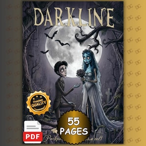Puede incluir: Una portada de libro PDF digital titulada DARKLINE con una ilustración gótica de un hombre con traje arrodillado ante una novia de piel azul con vestido blanco. La escena incluye una luna llena grande, murciélagos y árboles.