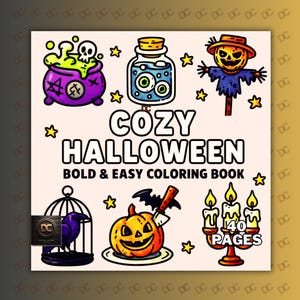 Puede incluir: Portada cuadrada de un libro para colorear con el título "COZY HALLOWEEN" e ilustraciones de objetos temáticos de Halloween. La portada presenta un caldero, un tarro de globos oculares, un espantapájaros, una calabaza, un cuervo en una jaula y un candelabro. El libro tiene 40 páginas.