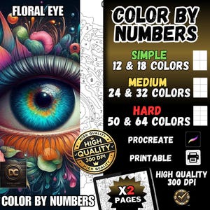 Puede incluir: Arte digital que presenta un ojo vibrante con un diseño floral. El ojo tiene un iris azul y está rodeado de pétalos y hojas coloridas. La imagen también incluye el texto "Color by Numbers" y opciones para niveles simples, medios y difíciles.