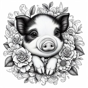 May include: Black and white illustration of a piglet with a black patch on its face, surrounded by flowers. The piglet is looking at the viewer with a sweet expression.