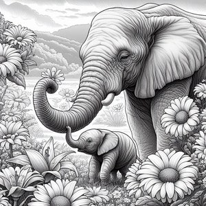 K&ouml;nnte beinhalten: Eine Schwarzwei&szlig;illustration eines erwachsenen Elefanten und eines Elefantenbabys, die auf einer Blumenwiese stehen. Der erwachsene Elefant hat seinen R&uuml;ssel erhoben und schaut das Elefantenbaby an. Das Elefantenbaby schaut zum erwachsenen Elefanten auf.
