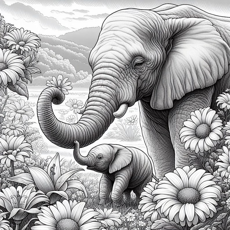K&ouml;nnte beinhalten: Eine Schwarzwei&szlig;illustration eines erwachsenen Elefanten und eines Elefantenbabys, die auf einer Blumenwiese stehen. Der erwachsene Elefant hat seinen R&uuml;ssel erhoben und schaut das Elefantenbaby an. Das Elefantenbaby schaut zum erwachsenen Elefanten auf.
