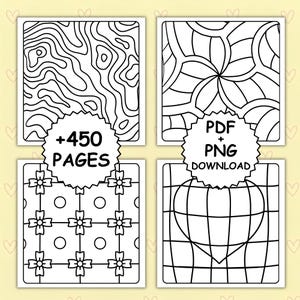 以下が含まれることがあります： 白黒の線画パターンが描かれた4枚の正方形の塗り絵ページ。デザインには、波線、花の形、円と花が描かれたグリッド、ハートの形が含まれています。テキストには「+450 PAGES」および「PDF + PNG DOWNLOAD」と記載されています。