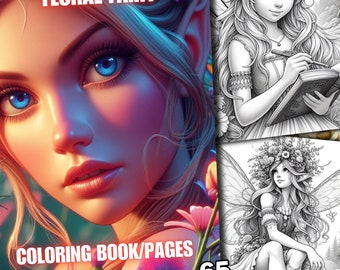 65 Fairy Coloring Pages Coloring Book Quality Designs of Beautiful Grayscale Adult Fantasy Floral Fairies for Adults and Kids Digital Print