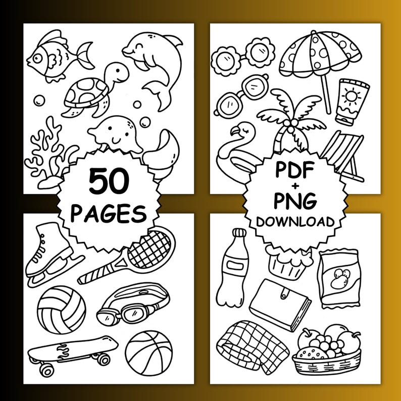 May include: Black and white line art illustrations of summer and sports-themed objects. Includes a fish, dolphin, turtle, sunglasses, beach umbrella, sunscreen, ice skate, tennis racket, volleyball, skateboard, basketball, and more. Text reads "50 PAGES" and "PDF + PNG DOWNLOAD".