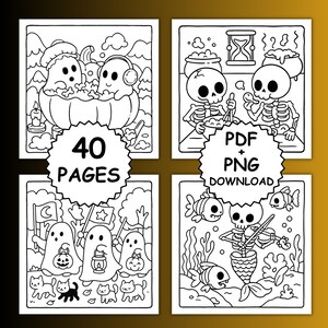 May include: Black and white Halloween-themed coloring pages. The image shows four panels with various illustrations, including ghosts, skeletons, and a mermaid skeleton. The text "40 PAGES" and "PDF + PNG DOWNLOAD" are also visible.
