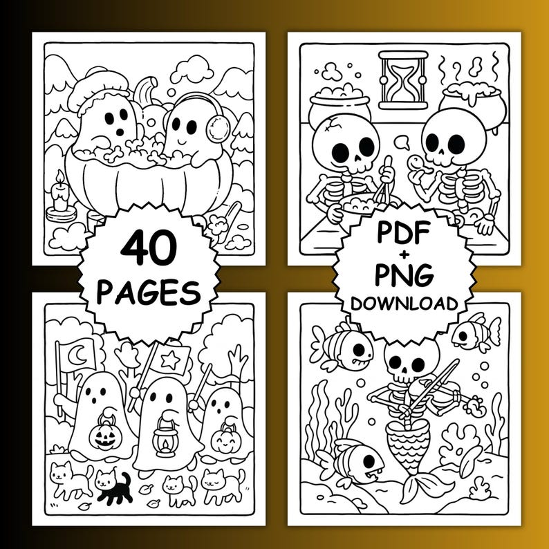 May include: Black and white Halloween-themed coloring pages. The image shows four panels with various illustrations, including ghosts, skeletons, and a mermaid skeleton. The text "40 PAGES" and "PDF + PNG DOWNLOAD" are also visible.