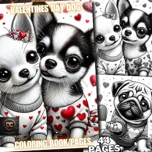 Op de afbeelding: Een kleurboek met twee zwart-witte chihuahua's die Valentijnsdag-outfits dragen. De kaft van het boek zegt "Valentine's Day Dog" en "44 Pages".
