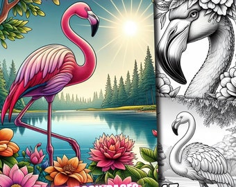 47 Spring Animal Flamingo Coloring Pages, Spring Flowers Coloring Book, Designs of Fantasy in Grayscale for Adults & Kids Digital Download