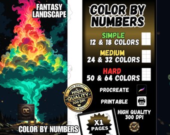 Coloring by numbers, digital coloring pages, paint by numbers, Procreate coloring book, adult coloring, Ipad Coloring Fantasy Landscape