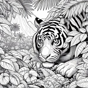 Puede incluir: Un dibujo en blanco y negro de un tigre asom&aacute;ndose desde detr&aacute;s de un exuberante follaje. La cara del tigre es visible, con sus ojos mirando directamente al espectador. El tigre est&aacute; rodeado de hojas y flores.