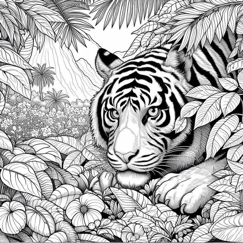 Puede incluir: Un dibujo en blanco y negro de un tigre asom&aacute;ndose desde detr&aacute;s de un exuberante follaje. La cara del tigre es visible, con sus ojos mirando directamente al espectador. El tigre est&aacute; rodeado de hojas y flores.