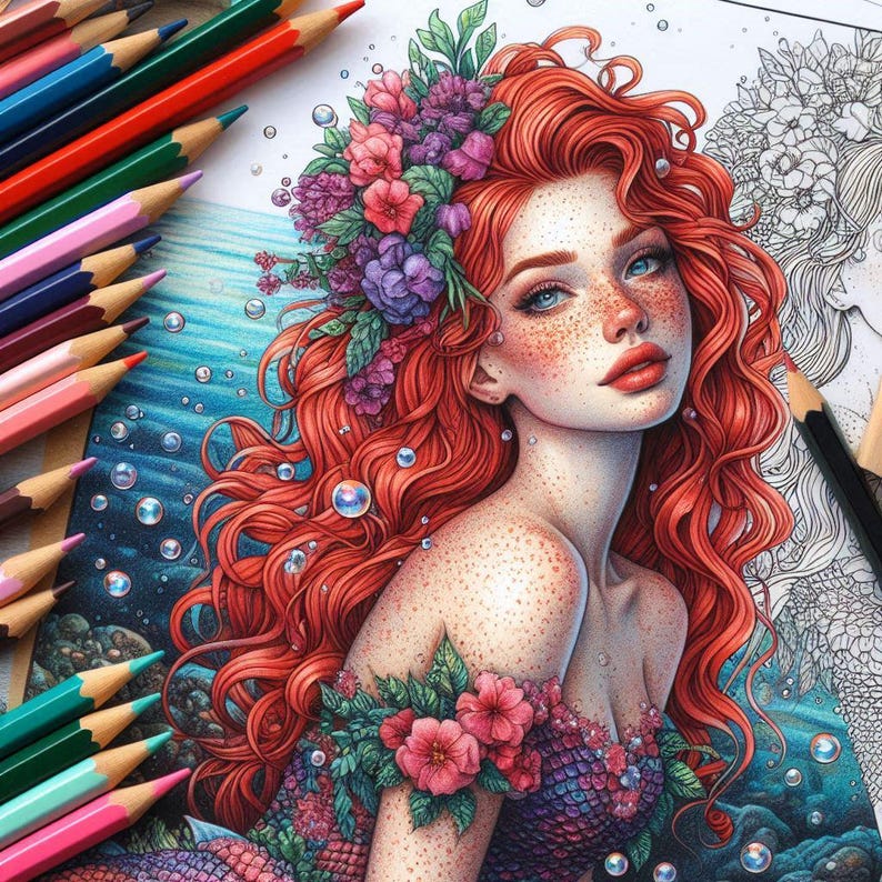 K&ouml;nnte beinhalten: Eine detaillierte Illustration einer Meerjungfrau mit langen, flie&szlig;enden roten Haaren, die mit einer Krone aus lila und rosa Blumen geschm&uuml;ckt sind. Sie hat Sommersprossen und blaue Augen und tr&auml;gt ein lila und blaues Muschel-Oberteil. Der Hintergrund ist eine blaue und gr&uuml;ne Ozeanszene mit Blasen.