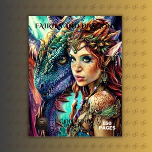 May include: A coloring book cover featuring a fantasy illustration of a woman with red hair and a dragon. The woman has pointed ears and is adorned with jewelry. The dragon is blue and green. The book is titled "Fairies and Dragons" and has 150 pages.