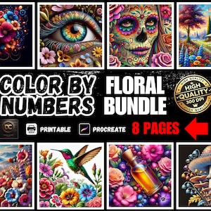 Puede incluir: Un conjunto de ocho páginas para colorear imprimibles con diseños florales. Las páginas están etiquetadas como "Color by Numbers Floral Bundle" e incluyen una variedad de imágenes, como un colibrí, una calavera y un hongo.
