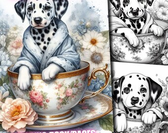 55 Dalmatian in Tea Cup Coloring, Dog Coloring pages, Dogs Coloring Book, Print Grayscale for Adults & Kids Digital Printable