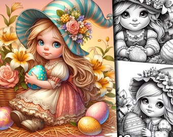 43 Easter Gnome Coloring Pages, Floral Easter Gnomes Coloring Book, Cute Easter Eggs with Spring Flowers Grayscale for Adults and Kids Print