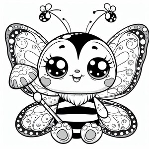 May include: Black and white line art illustration of a cute cartoon bee with butterfly wings holding a mushroom. The bee has large eyes and a striped body.