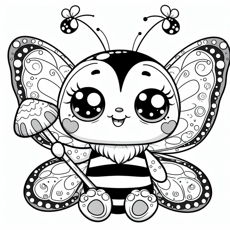 May include: Black and white line art illustration of a cute cartoon bee with butterfly wings holding a mushroom. The bee has large eyes and a striped body.